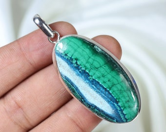 Chrysomalachite Pendant 925 Silver Pendant, Collet Pendant Oval Malachite Pendant Chrysocolla Pendant Malachite Chrysocolla Gemstone Pendant