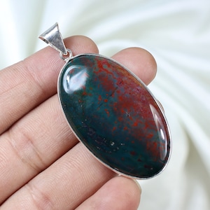 Bloodstone Pendant 925 Silver Pendant Oval Bloodstone Gemstone Pendant Red Bloodstone Jewelry Bezel Pendant Green Bloodstone Necklace Gift