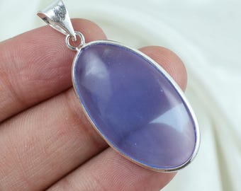 Natural Blue Chalcedony Bezel Pendant, 925 Sterling Silver Necklace