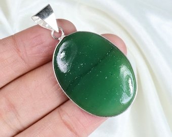 Green Aventurine Oval Bezel Pendant, 925 Sterling Silver Gemstone Necklace