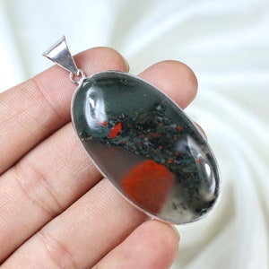 African Bloodstone Pendant 925 Silver Pendant Bloodstone Gemstone Pendant Large Oval Pendant Bezel Pendant Silver Necklace Women Pendant