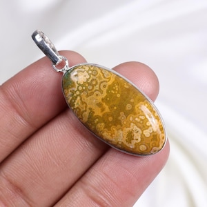 Yellow Ocean Jasper Pendant 925 Silver Pendant Oval Pendant Natural Ocean Jasper Gemstone Pendant Bezel Pendant Narrow Loop Pendant Necklace