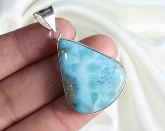 Larimar Pendant: Handmade 925 Sterling Silver Bezel Setting Larimar Necklaces, Silver Jewelry, Blue Larimar Gemstone Jewelry, Gift For Her