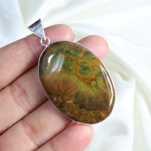 Green Ocean Jasper Pendant 925 Solid Silver Pendant Large Oval Ocean Jasper Gemstone Pendant Bezel Pendant Ocean Jasper Jewelry Gift For Her