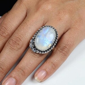 Rainbow Fire Moonstone Gemstone Ring, Beaded Design 925 Sterling Silver Ring-Oval Stone Moonstone Rings For Women's Statement-Ring
