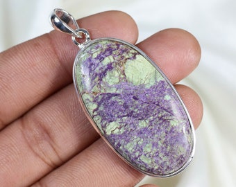 Purple Stichtite Gemstone Pendant, 925 Sterling Silver Pendant, Oval Shape Pendant, Silver Necklace, Purple Purpurite Stone Necklace Gifts