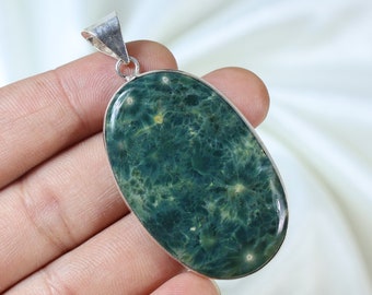 Green Ocean Jasper Pendant, 925 Sterling Silver Pendant, Oval Shape Pendant, Ocean Jasper Gemstone Pendant, Bezel Pendant Silver Necklace