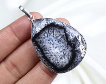 Dendritic Opal Pear Pendant, Bezel Set 925 Silver Necklace, Natural Gemstone Jewelry
