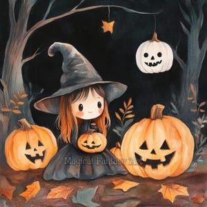 May include: A digital illustration of a character wearing a pointed witch hat and dark dress, holding a small jack-o'-lantern. Two large orange jack-o'-lanterns sit nearby, with a white one hanging above. The text Magical Fantasy Art is visible.