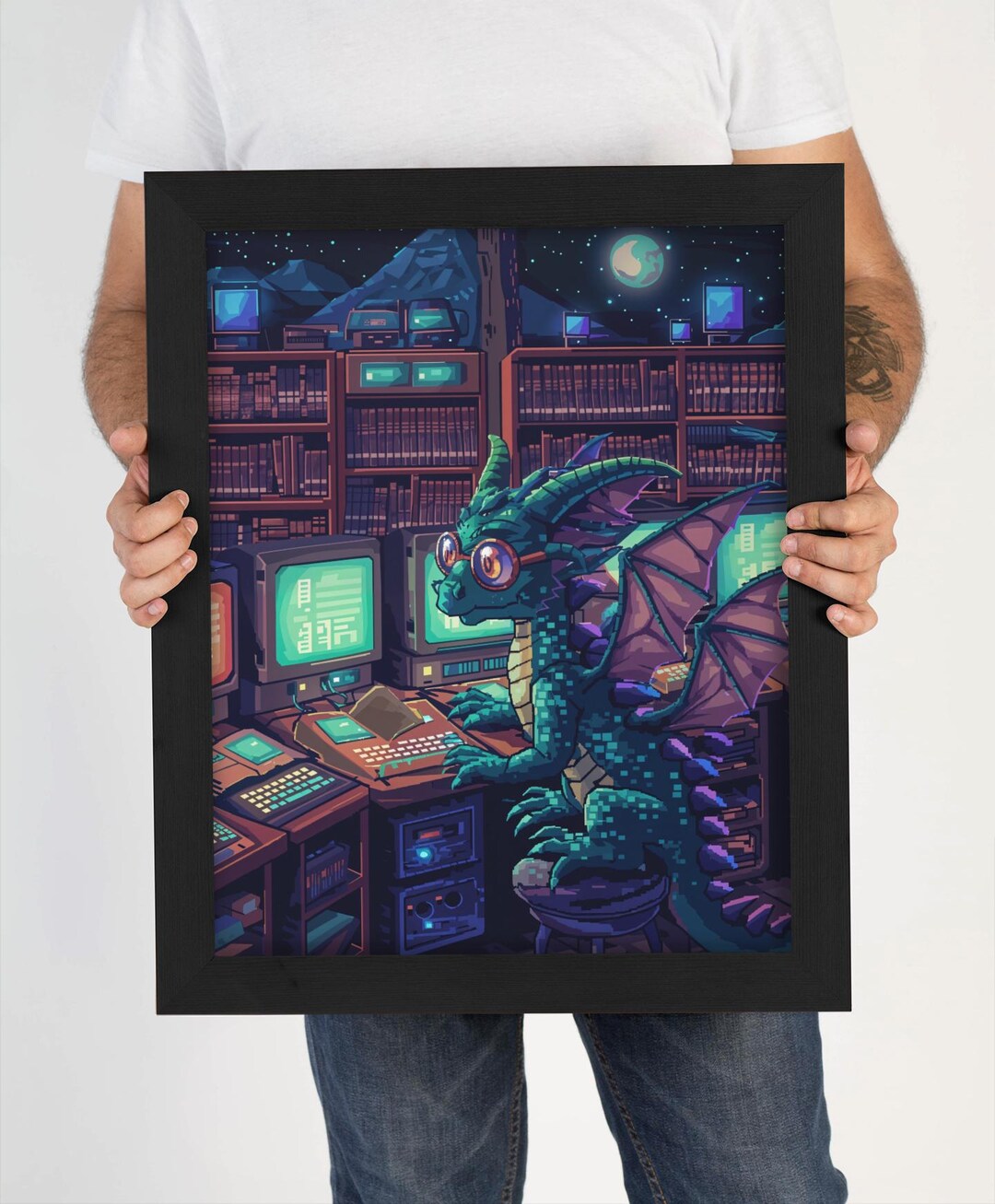 Pixel Dragon Wall Art | Retro Fantasy Dragon Coding at Computer ...
