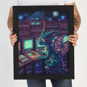 Pixel Dragon Art, Digital Download, Coding Dragon Scene, Retro Fantasy