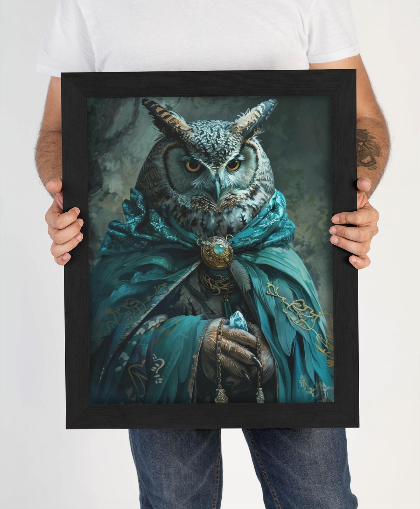 Owl with Amulet Wall Art, Mystical Owl Bird Portrait Print, Fantasy Owl Decor, Digital Download