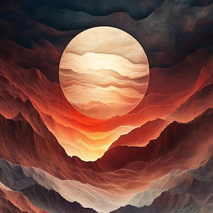 Op de afbeelding: Een cirkelvormige, getextureerde gouden bol is gecentreerd tegen een achtergrond van gelaagde, golvende bergkammen. Het landschap bevat diepe tinten donkerrood, gebrand oranje en antracietgrijs, met een fijne, geribbelde oppervlaktestructuur.