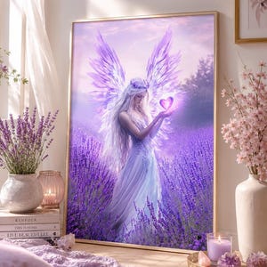 Lavender Angel Art, Digital Download, Purple Wing Angel Print, Celestial Spiritual Decor