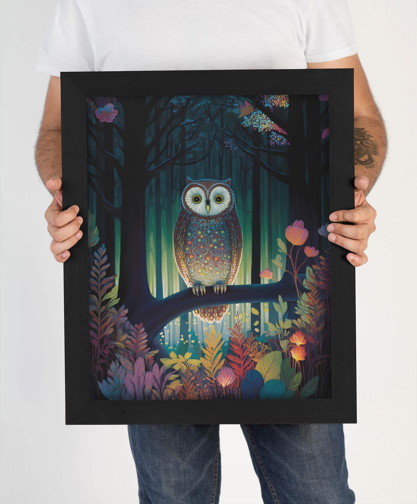 Enchanted Forest Owl Wall Art | Mystical Night Guardian Illustration Digital Download