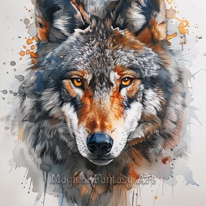 Op de afbeelding: Een aquarel-stijl illustratie van een wolvenkop die naar voren kijkt, met amberkleurige ogen, grijze en bruine vacht en een zwarte neus. Het kunstwerk bevat verfspatten in oranje, grijs en blauw, met de tekst Magical Fantasy Art onderaan.