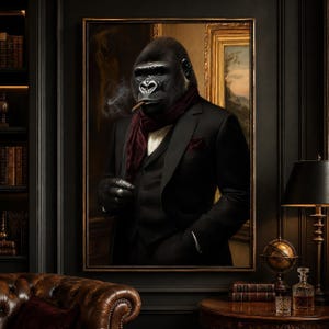 May include: A framed portrait of a gorilla wearing a black suit, a white vest, and a dark red scarf. The gorilla is holding a lit cigar with visible smoke. The painting is displayed in a dark room with a leather sofa, books, and a lamp.