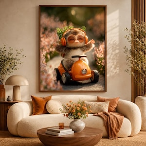 Op de afbeelding: Een ingelijste wandkunstprint met een pluizig, bruin, rond wezen met grote ogen en een oranje koptelefoon, rijdend in een kleine oranje speelgoedauto door een veld met zacht gefocuste roze bloemen. Het wezen heeft de armen omhoog.