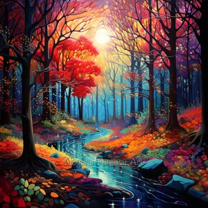Op de afbeelding: Een levendige digitale illustratie van een bosscène met een kronkelende beek die door bomen met rood, oranje en geel gebladerte onder een felle zon stroomt. De tekst Magical Fantasy Art is zichtbaar in het midden van de beek.