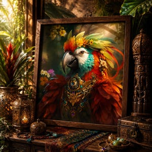 Op de afbeelding: Een ingelijst kunstwerk met een levendige papegaai met rode, oranje, blauwe en groene veren. De papegaai is versierd met een gouden halsketting en een bloemenhoofdtooi. Het kunstwerk wordt tentoongesteld op een houten oppervlak met decoratieve items.