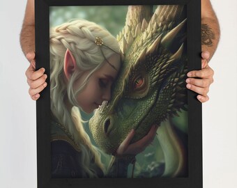 Beautiful Bond between an Elf and a Dragon, PRINTABLE, Wall Art, Digital Art, AI Art, Digital Print, Instant Digital Download