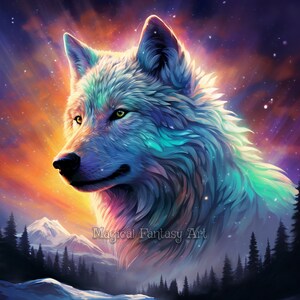 Op de afbeelding: Een digitale illustratie van een wolf met witte vacht die levendig blauw, paars en oranje licht reflecteert. De wolf is geplaatst tegen een zonsonderganglucht met besneeuwde bergen en dennenbomen. De tekst Magical Fantasy Art is zichtbaar.