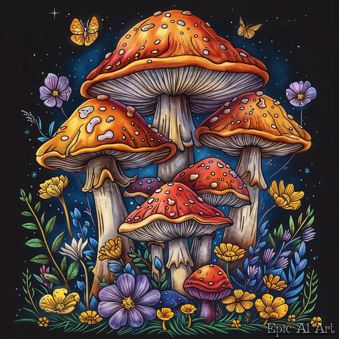 Blooming Fungi Wonderland Vibrant Mushroom and Flower Art AI Generated ...