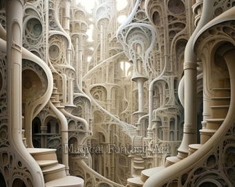May include: An intricate architectural structure in cream and beige tones featuring complex, organic, interconnected curves, multiple staircases, and layered archways. The text "Magical Fantasy Art" is visible in the center of the composition.