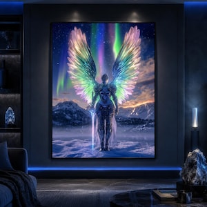 Op de afbeelding: Een rechthoekige wandkunstprint met een centrale figuur in harnas met grote, iriserende, veelkleurige vleugels die in een besneeuwd landschap staat. Een gloeiend zwaard wordt naar beneden gehouden tegen een achtergrond van groene en paarse noorderlichten.