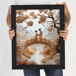 Tableau représentant un pont des amoureux chinois, une scène romantique de printemps asiatique