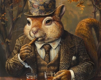 Anthropomorphic Squirrel Drinking a Whisky and Smoking a Cigar, PRINTABLE, Wall Art, Digital Art, AI Art, Digital Print, Digital Download