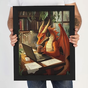Cozy Dragon Art, Digital Download, Working Dragon Scene, Fantasy Creature Design
