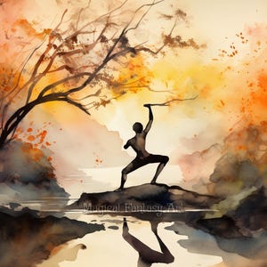 Op de afbeelding: Een aquarelschilderij met het silhouet van een persoon die op een rots in een beek staat en een tak omhoog houdt. De scène toont bomen in herfsttinten oranje, geel en bruin. De tekst Magical Fantasy Art is zichtbaar in de afbeelding.