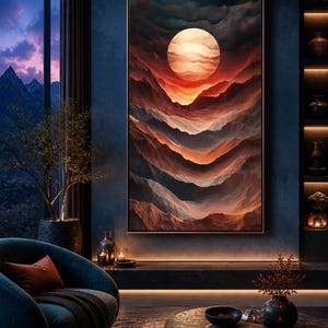 Op de afbeelding: Een groot, ingelijst abstract kunstwerk dat een zonsondergang boven een bergketen uitbeeldt. Het kunstwerk toont een grote, heldere zon en lagen van rode, oranje en grijze tinten. Het schilderij hangt in een moderne woonkamer met een tealkleurige fauteuil en een donkere salontafel.