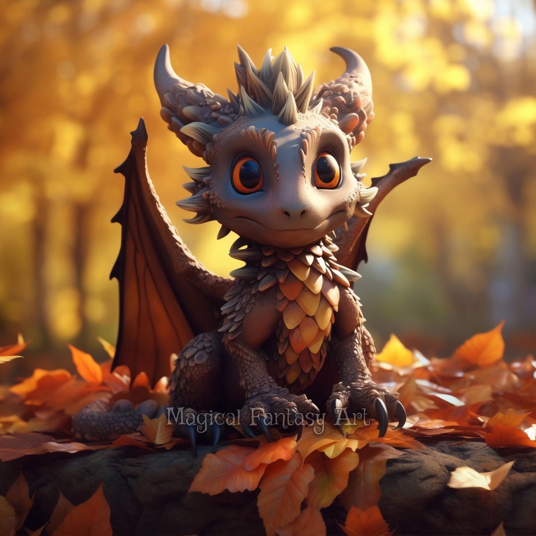 Adorable Autumn Dragon Fantasy Art – Digital Download, Cozy Dragon ...