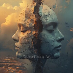 May include: A dual-faced sculpture featuring two profiles joined at the center with a cracked, weathered texture. One side is illuminated in warm golden tones, while the other is in cool blue. The text "Magical Fantasy Art" is centered below.