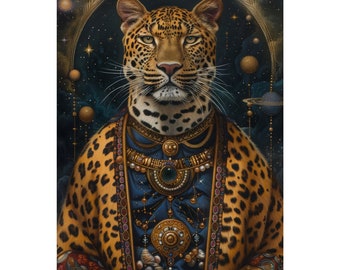 Leopard in a Sorceress Robe, Adorned with Celestial Symbols, PRINTABLE, Wall Art, Digital Art, AI Art, Digital Print, Digital Download