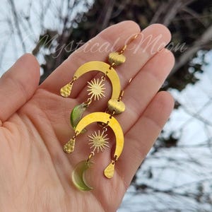 Gold Celestial Moon & Sun Dangle Earrings – Green Crescent Boho Statement Earrings – Whimsical Witchy Handmade Jewelry