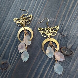 Moth & Moon Dangle Flowy Earrings with Acrylic Leaves Pastel Pink and Ivory with Blue Green Hues Whimsical Magical Jewelry Fairy Celestial