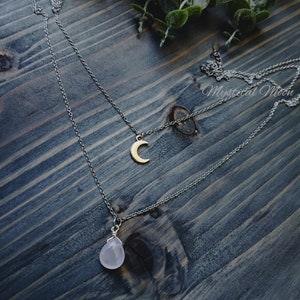 Silver Tone Moon Charm & Rose Quartz Teardrop Gemstone Layered Necklace Witchy Wiccan Jewelry
