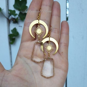 Elegant Crystal Glass Dangle Earrings with Crescent Moon and Star Whimsigoth Handmade Jewelry Celestial Earrings Boho Gift