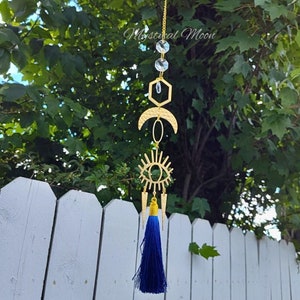 Evil Eye Good Luck Ornament Suncatcher Light Catcher Rainbow Casting Prisms Crescent Moon Geometric Spiritual Gift with Blue Tassel