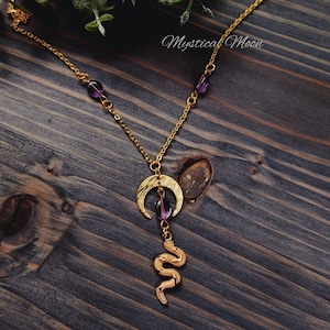 Celestial Snake Amethyst Gemstone Necklace Gold Plated Jewelry Crescent Moon Witchy Wiccan Handmade Jewelry Gift for Her