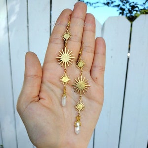 Celestial Long Dangle Earrings Stars with Clear Quartz Wire Wrapped Gemstone Shards Statement Earrings Handmade Jewelry