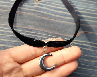 Moonlight Black Velvet Choker Necklace with Silver Tone Crescent Moon Pendant Charm Witchy Wiccan Handmade Jewelry Goth Gothic Accessory
