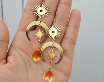Magical Handmade Celestial Earrings Golden Dangle Sun Star & Moon Whimsical Jewelry Gift For Her