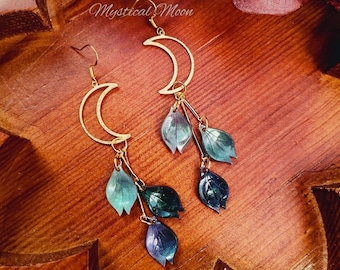 Pendientes largos colgantes de hojas del Bosque Cósmico, Luna Creciente, Joyería Fantasía, Joyería de Hadas del Bosque