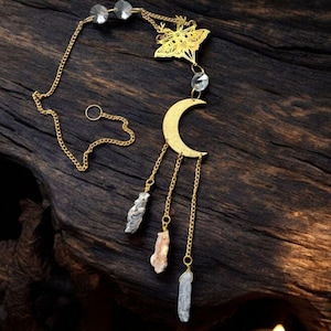 Celestial Butterfly Moth Crescent Moon Suncatcher with Geode Gemstone Crystals Witchy Boho Window Hanging Fairycore Spiritual Home Decor