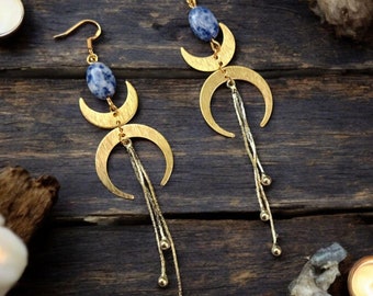 Celestial Long Elegant Dangle Earrings with Sodalite Gemstones Tassels Crescent Moon Witchy Cosmic Jewelry Gift for Her Fairycore