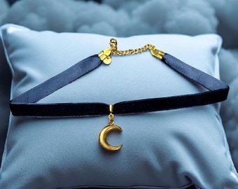 Midnight Velvet Choker with Gold Crescent Moon Pendant Celestial Witchy Jewelry Whimsical Fairycore Necklace